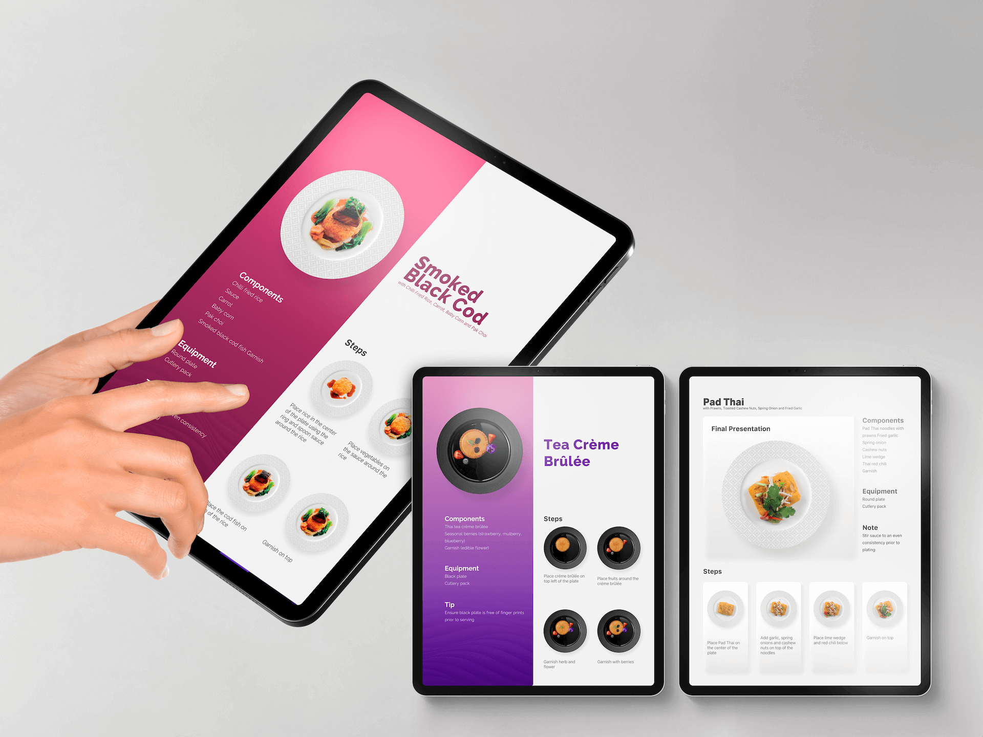 photo of an ipad with a guide on how to plate the meal while on aircraft